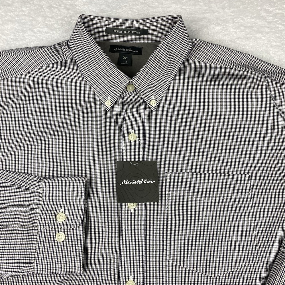 Eddie Bauer Shirt Mens Large Purple/Gray Checks Relaxed Fit Wrinkle Free NWT!